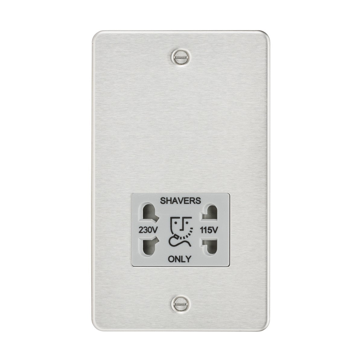 The 115/Dual Voltage Shaver Socket in a brushed chrome finish features a wall-mounted, low-profile design with two visible screws. It includes dual voltage sockets for shavers, accommodating both 230V and 115V plugs.