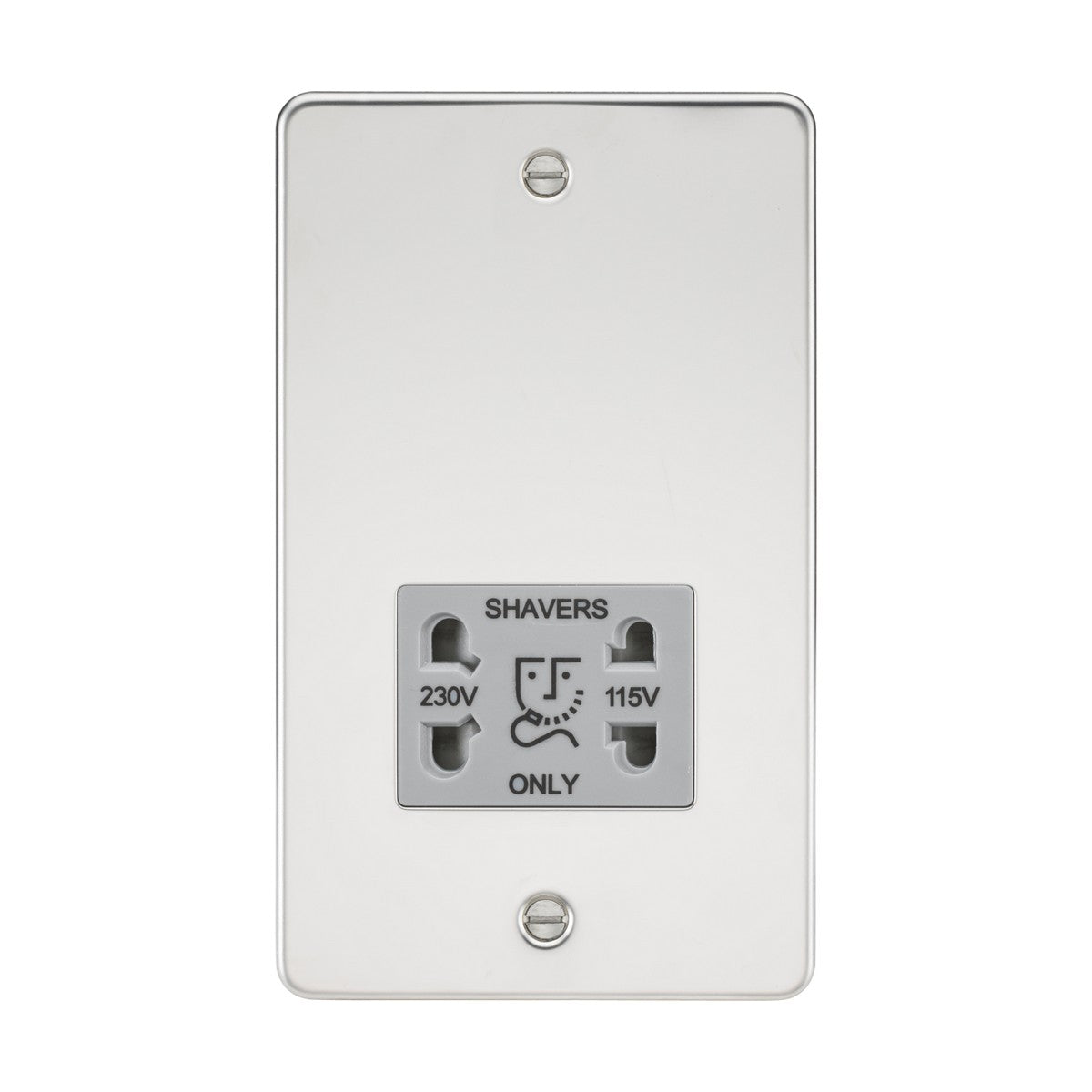 A 115/dual voltage shaver socket in polished chrome, featuring 230V and 115V options, is mounted on a flat plate with a sleek grey insert. This ultra low profile design includes two screws for installation at the top and bottom, providing a stylish touch that enhances modern bathroom aesthetics.