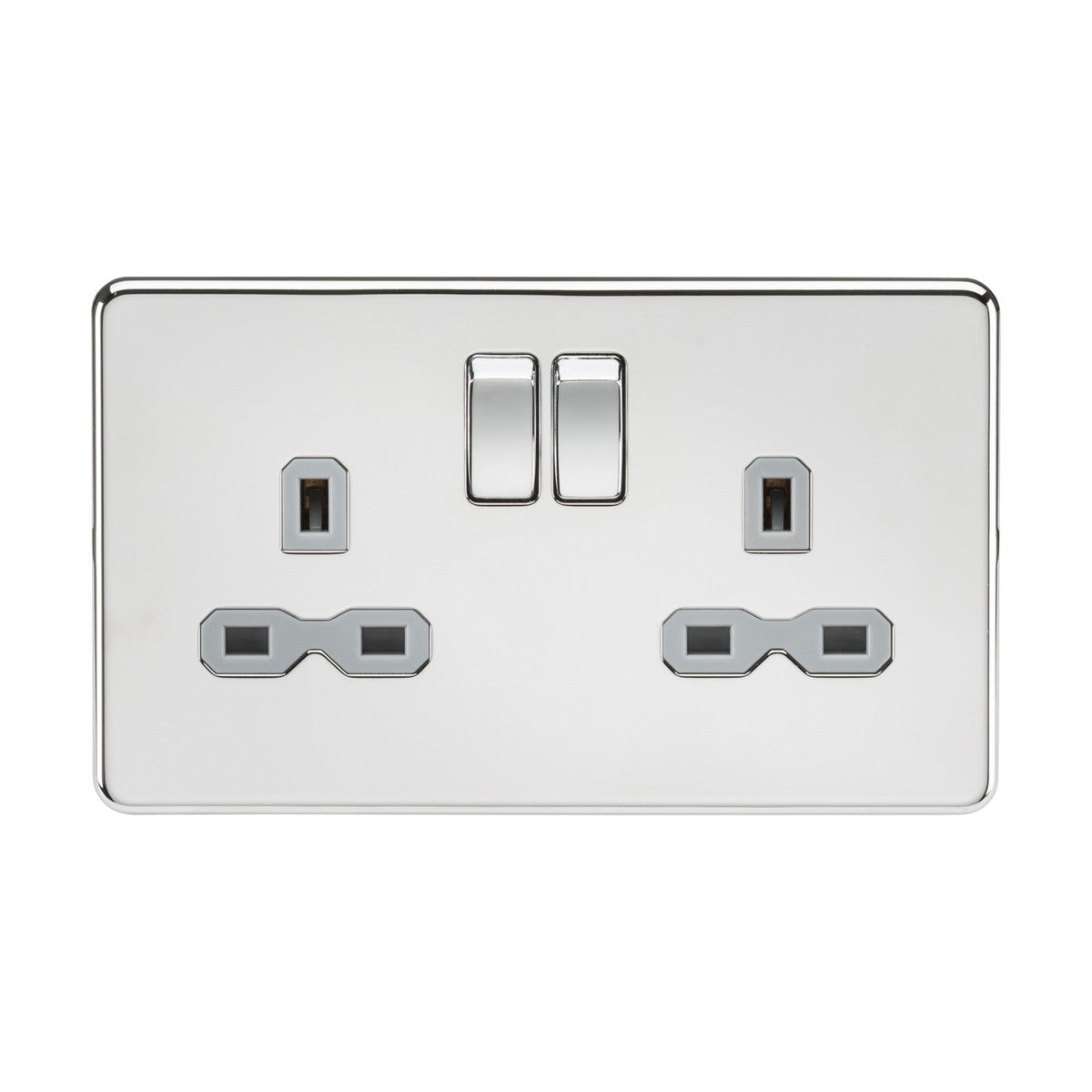 The 13A 2 Gang DP Switched Socket With Twin Earths - Polished Chrome (Grey Insert, Screwless) features a polished chrome finish alongside double pole switches and two top-side switches. Its sleek, screwless design enhances its modern aesthetic against a plain white background.