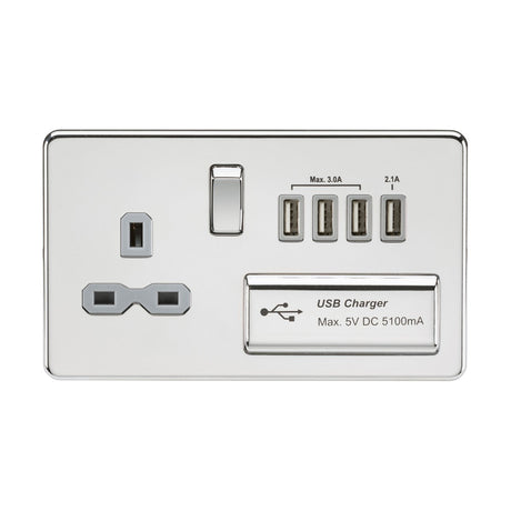 13A Switched Socket with Quad USB-A (5V DC 5.1A shared) - Polished Chrome with Grey Insert