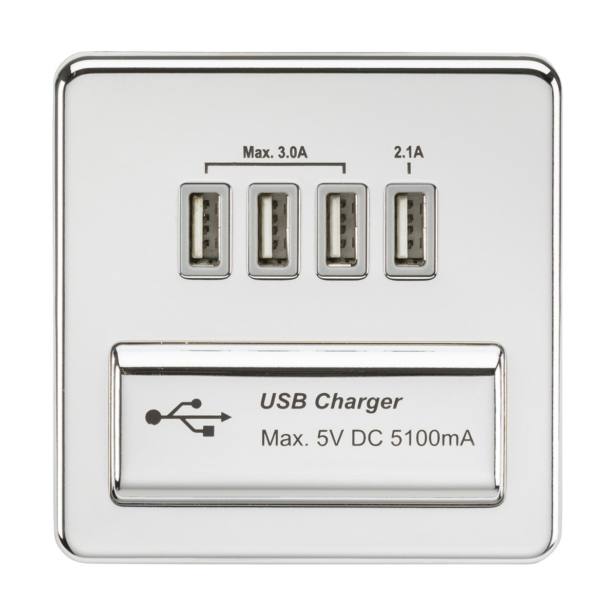 230V Quad USB-A Charger Outlet (5V DC 5.1A shared) - Polished chrome with grey insert