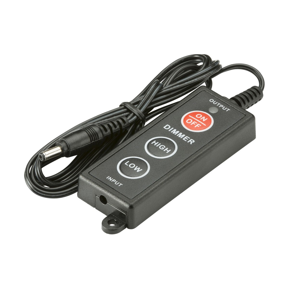 The LED Dimmer for Flat & Triangular LED Strips is an elegantly designed black switch made from durable polycarbonate. It comes with a cord and four buttons – a red ON/OFF button, a DIMMER button indicating its function, along with HIGH and LOW buttons in gray. It's perfect for managing LED strips and has input and output labeled on its sides.