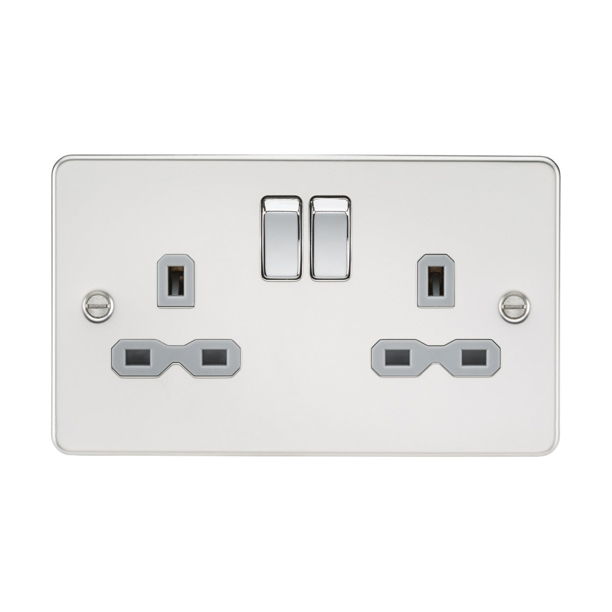 The 13A 2 Gang DP Switched Socket with Twin Earths in polished chrome, featuring a grey insert and a flat plate design, includes two plug outlets and two switched sockets for added convenience.