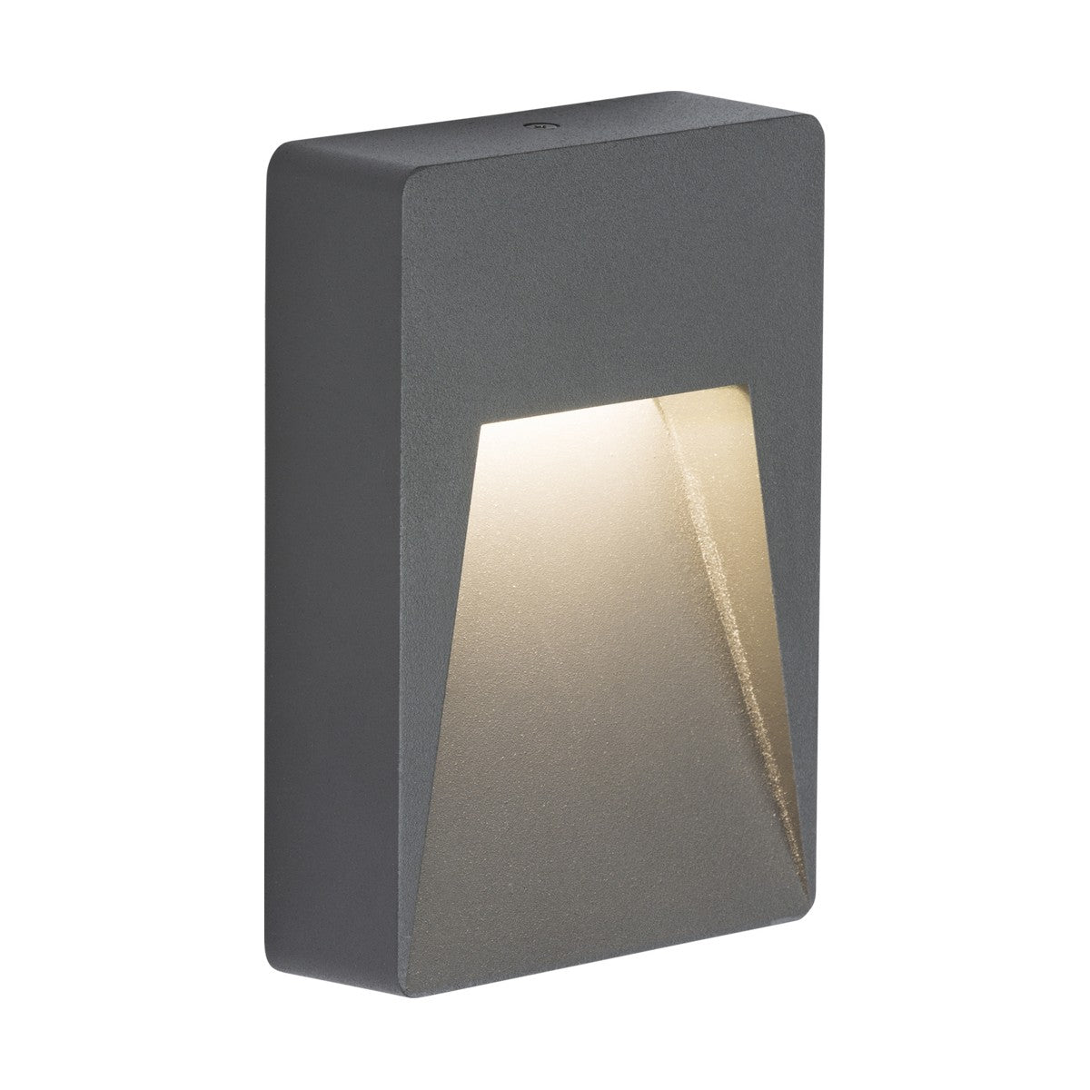 The Outdoor 2W LED Guide Light - Anthracite features a modern, minimalist design with its rectangular, wall-mounted construction. Ideal for pathway lighting, this light emits a soft, angled glow from an open front panel while being enclosed in a dark gray casing. It is designed for versatile use both indoors and outdoors.