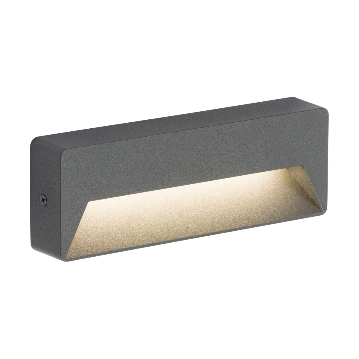 The Outdoor 5W LED Guide Light - Anthracite features a modern rectangular design with a minimalist aesthetic. This black fixture conceals its light source, emitting a warm, downward glow. Its sleek and simple style, combined with IP54 outdoor lighting protection, makes it an ideal choice for both contemporary interior and exterior settings.