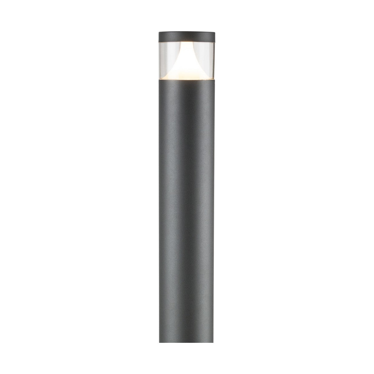 The Garden Bollard Light 110cm is a sleek outdoor lighting fixture designed with a cylindrical dark gray metal body and a clear top section for optimal light emission. Its modern and minimalistic aesthetic, combined with its compatibility with GU10 LEDs, makes it a stylish and functional choice for any garden or pathway.