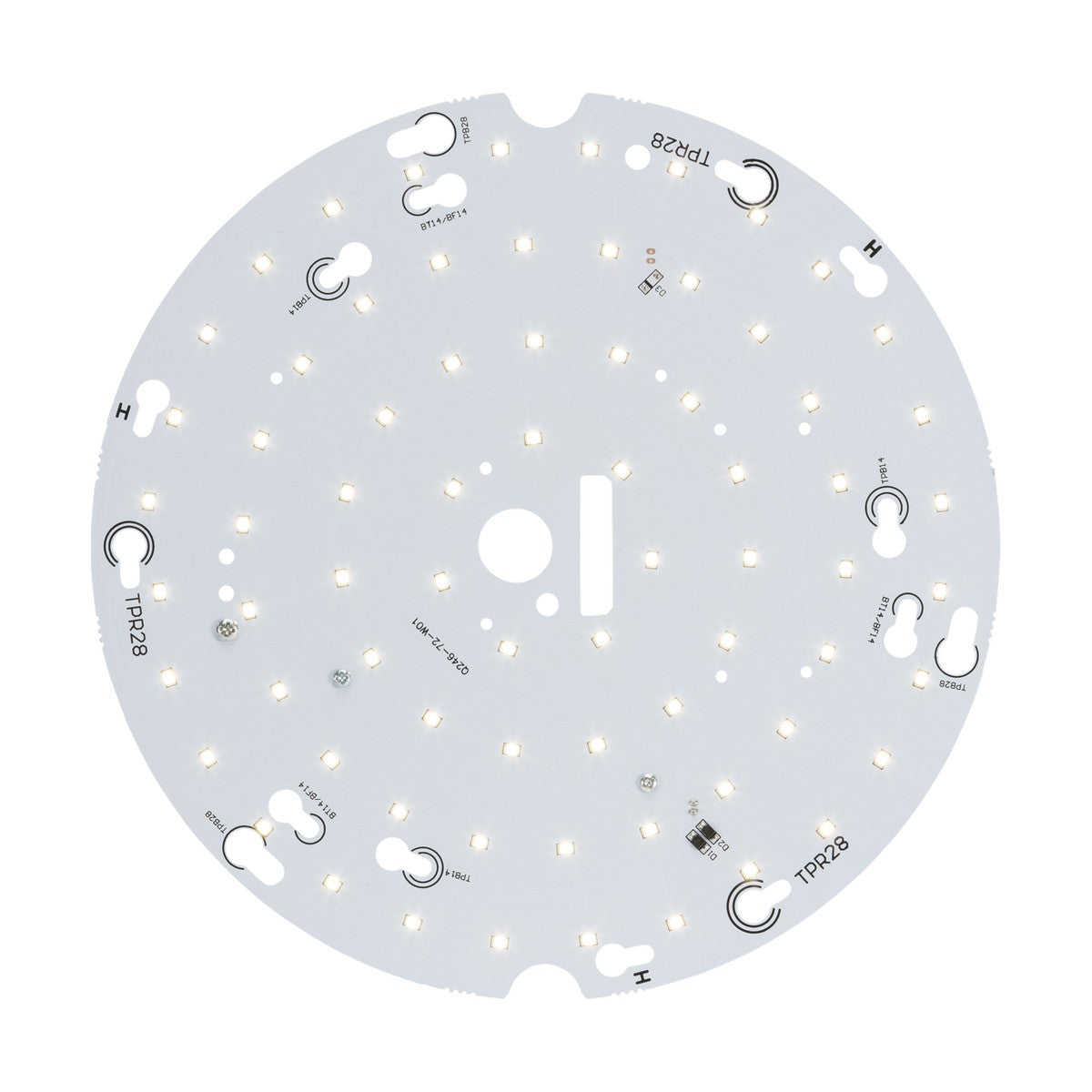 A 14W LED Gear Tray 4000K features numerous small SMD LEDs arranged in a circular pattern, emitting cool white light. The panel includes several markings and connection points, along with a central cutout, all set against a plain white background.