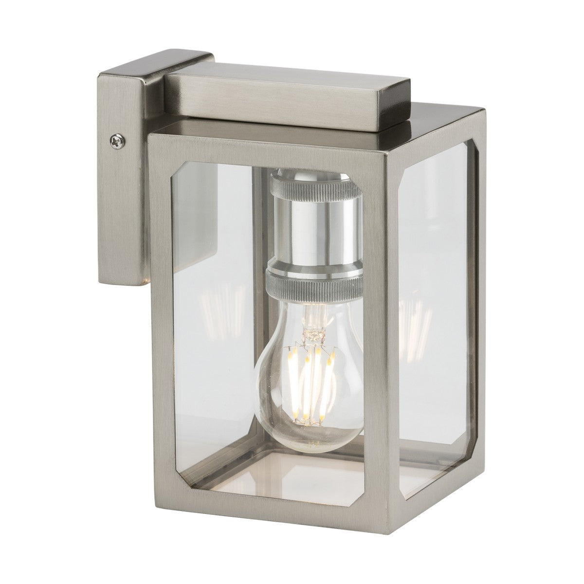 The Outdoor Wall Lantern - Brushed Chrome is a modern classic featuring a clear glass enclosure and visible LED bulb. Its brushed metal frame provides a sleek, contemporary look, while the stainless steel body ensures durability and style. This design is LED compatible, making it perfect for any outdoor setting.