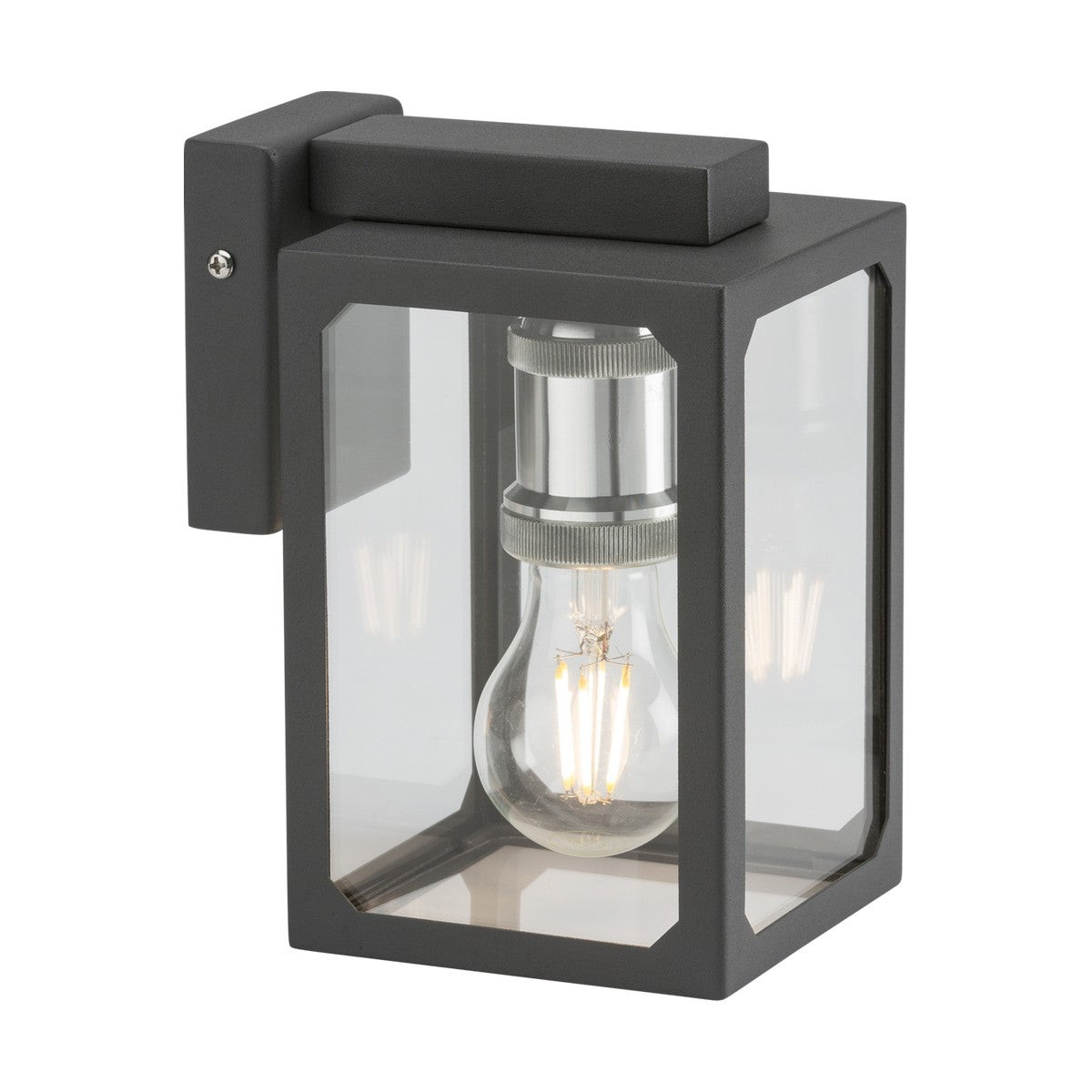 Introducing the Outdoor Wall Lantern - Anthracite, featuring a sleek matte black metal frame and clear glass panels that highlight a visible LED bulb. Its wall-mounted rectangular design effortlessly merges timeless elegance with modern style for an outdoor light fixture that stands out.