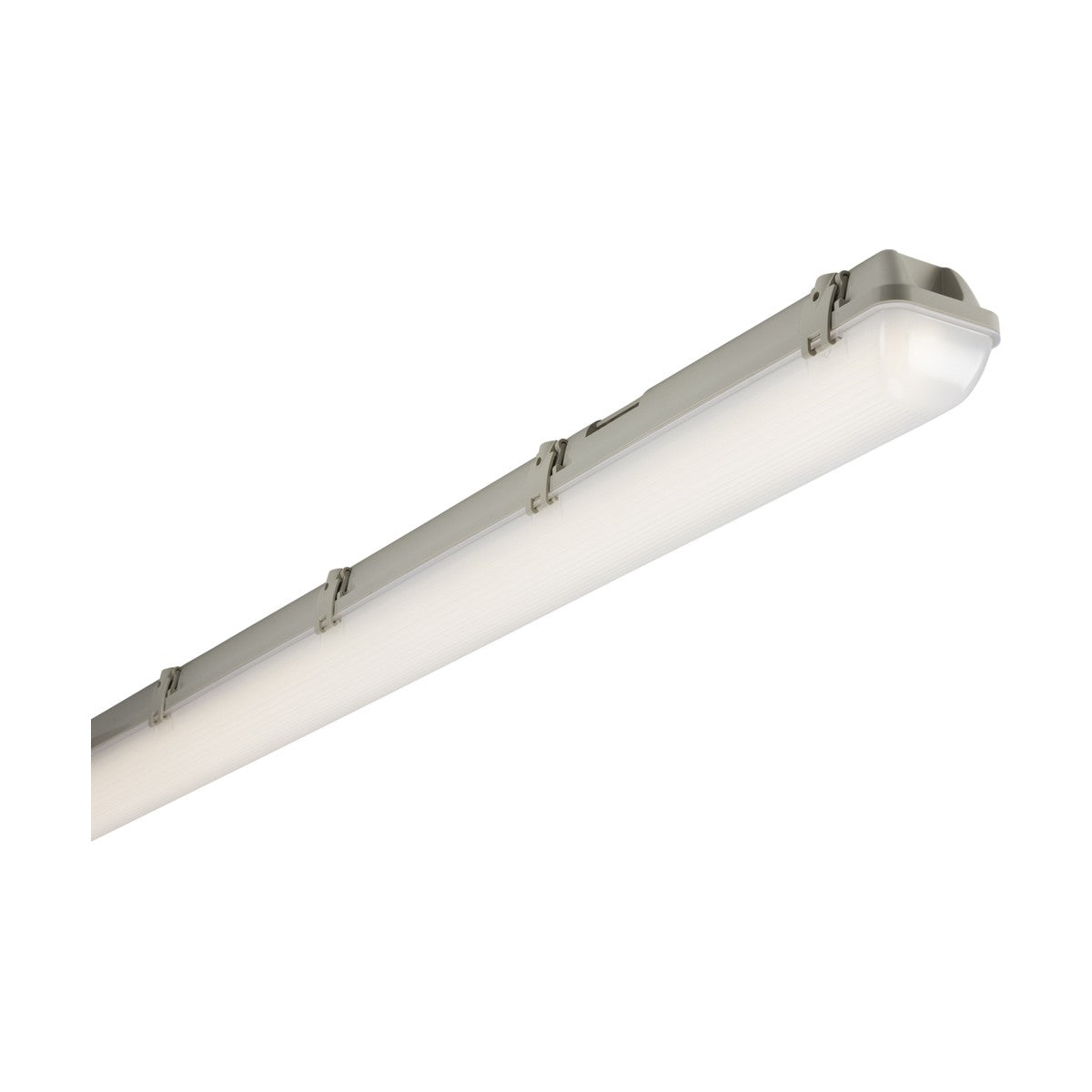 Displayed is the 4ft long Single 23W LED Non-Corrosive Batten with a white cover and gray housing. This energy-efficient fixture, rated IP65 for its durable design, is mounted on a ceiling or wall and includes multiple clips that secure the cover in place.