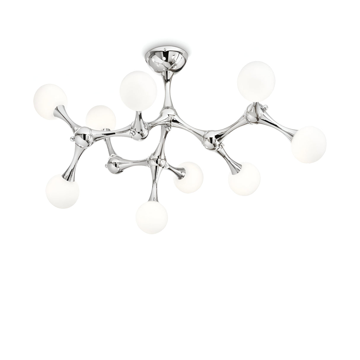 Introducing the Emblazeno 9 Light Semi Flush - Chrome, a contemporary ceiling chandelier with a sleek polished chrome finish. This fixture features an array of branching arms and nine round, white glass globes, drawing inspiration from a molecular structure. It's designed to accommodate dimmable lights, allowing you to easily adjust the ambiance to suit any setting.