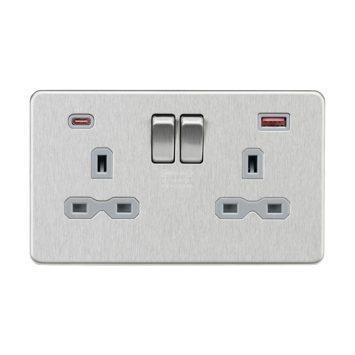 The 13A 2 Gang DP Switched Socket with Dual USB in brushed chrome features FASTCHARGE tech, two standard plug sockets, and switches, offering a sleek, modern design perfect for residential and commercial spaces.