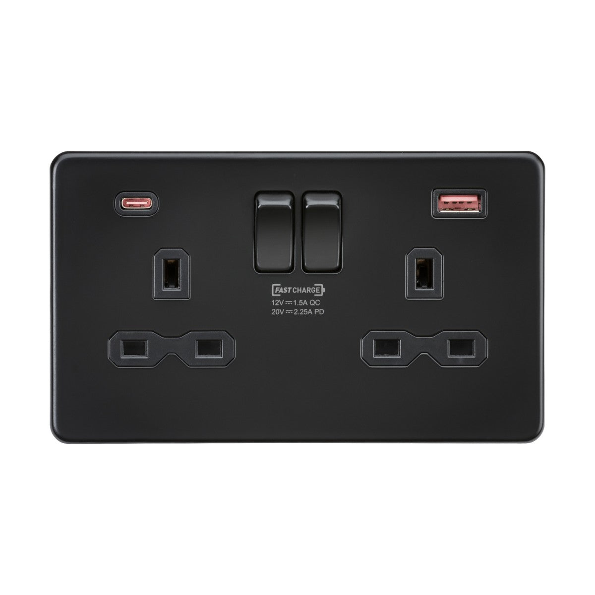 The 13A 2 Gang DP Switched Socket With Dual USB A+C in Matt Black features a sleek, screwless design and includes two USB ports, one USB-A and one USB-C. It offers dual charging with FASTCHARGE capabilities, while switches located above the sockets provide convenient and efficient power management for your devices.