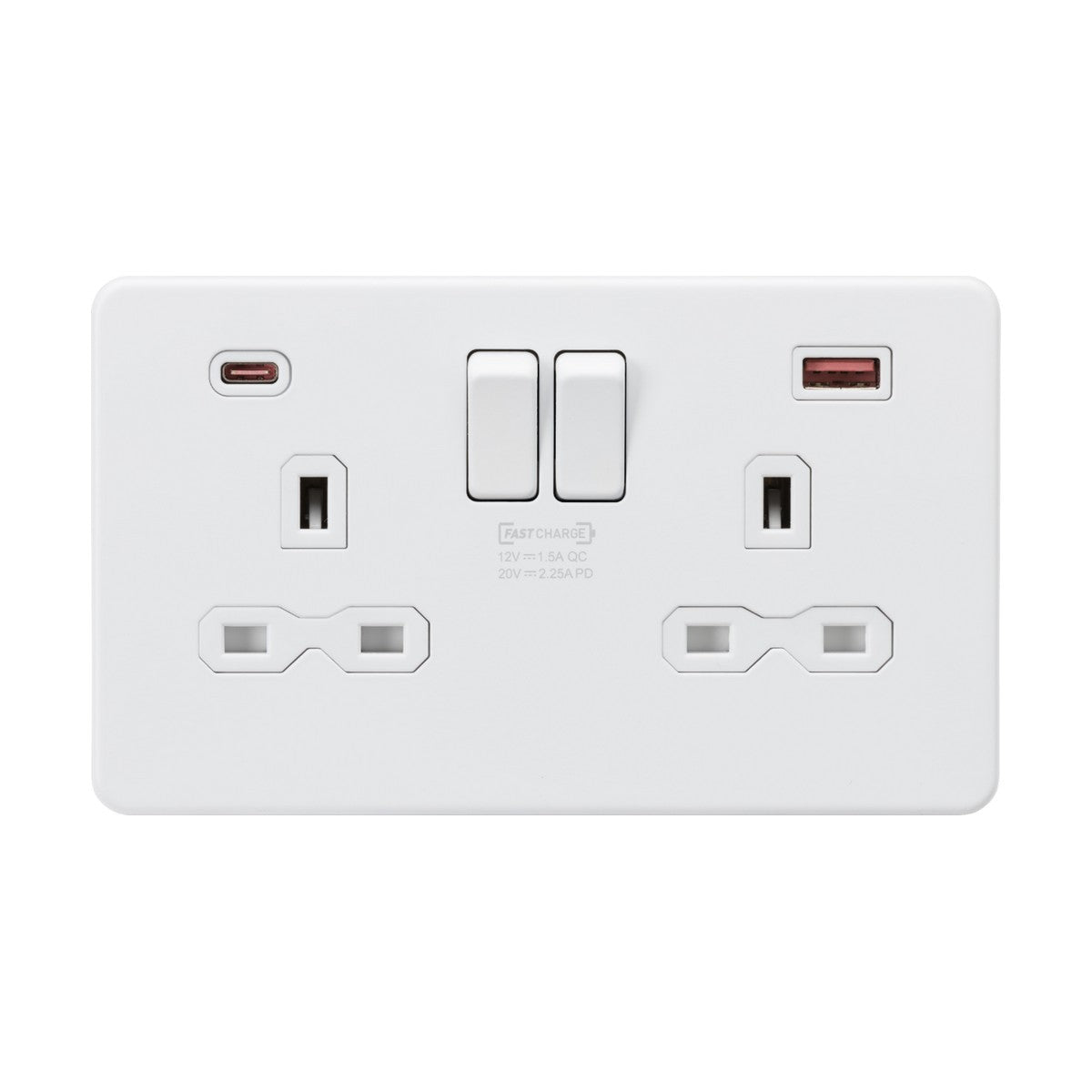A white, screwless 13A 2 gang DP switched socket in matt white finish, featuring two standard UK sockets and dual USB ports with FASTCHARGE Technology for efficient charging.
