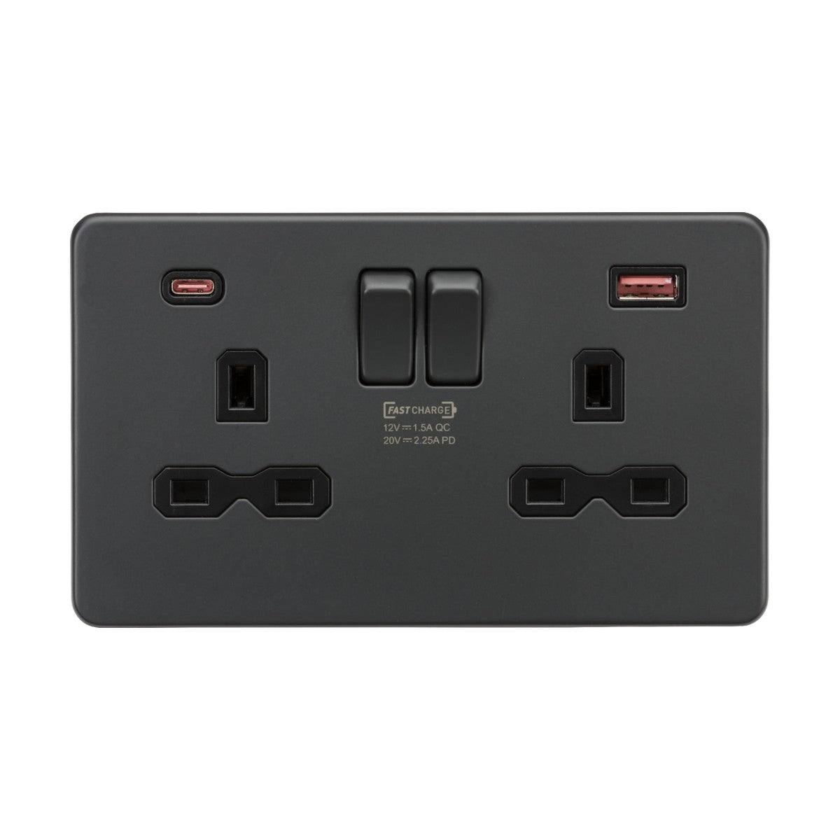 Experience the functionality of the 13A 2 Gang DP Switched Socket with Dual USB A+C in Anthracite, featuring a black insert and screwless design. This double wall socket includes two standard plug points and dual USB ports, one being an adaptive charging USB-C with a red interior for FASTCHARGE capability. Charging specifications are conveniently displayed on the central label.