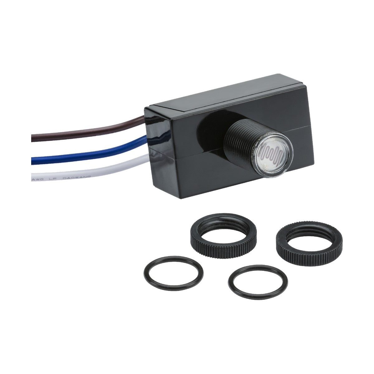 A 5A IP65 Photocell Switch features a black rectangular thermal photodiode sensor with a cylindrical protrusion on one side. It includes three extending wires—brown, blue, and white—and comes with three circular rubber rings and two threaded caps for robust protection, ensuring an IP65 rating.