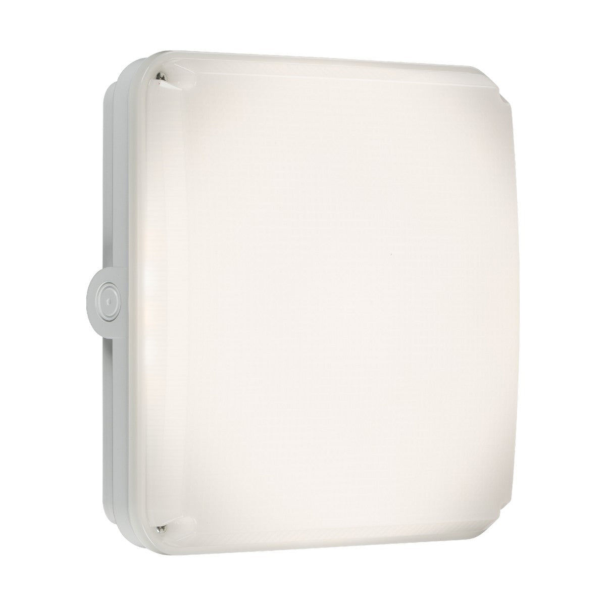 The TENAX One Square Bulkhead Casing - White is a minimalist square LED ceiling light crafted from UV-stabilized polycarbonate, featuring rounded corners and IK10 impact resistance. It is mounted on a plain background and includes a subtle button detail on the side.