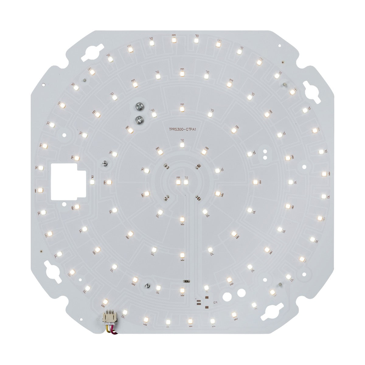 The TENAX 10-20W CCT LED Gear Tray, designed as a square circuit board, showcases a circular layout of small LED lights and includes wattage and color adjustable settings. It is labeled PB3500-CPAA and comes equipped with a push-fit terminal block, connectors, and various small electronic components against a plain white background.