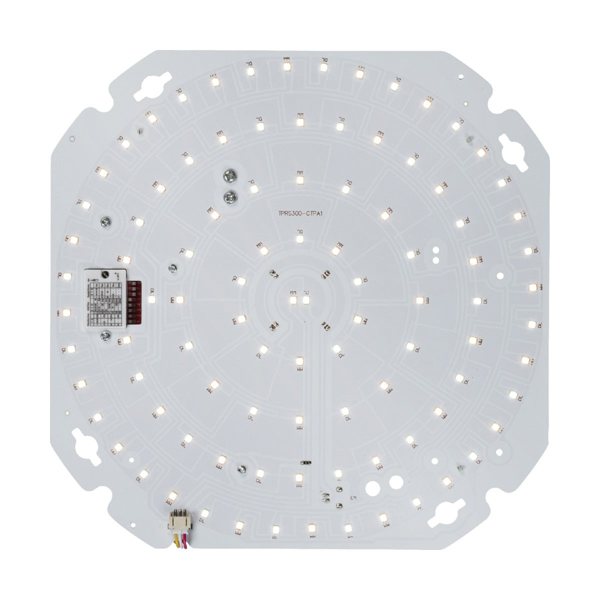 The TENAX 10-20W CCT LED Gear Tray With Sensor features a circular LED light board with many small bulbs arranged in concentric circles. Boasting a white background, its visible electronic components highlight advanced LED gear trays. The design includes adjustable wattage and color settings, providing versatile lighting solutions.