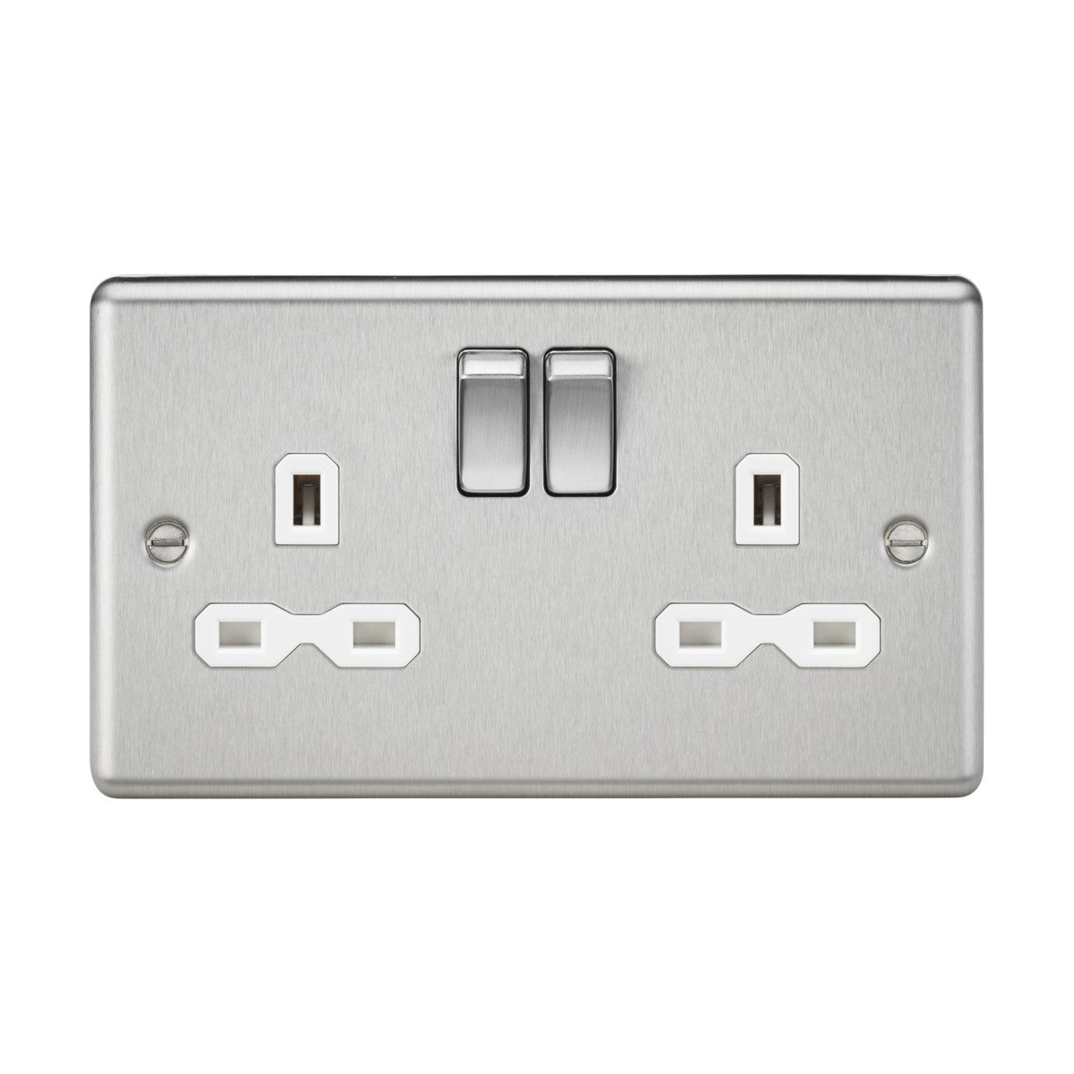 Here's a revised version of the sentence using the provided product data:
A 13A 2 Gang DP Switched Socket with Twin Earths in brushed chrome, featuring a white insert and a chic rounded edge design. It includes two UK standard plug outlets and two rectangular switches above them, making it an elegant addition to any contemporary space.