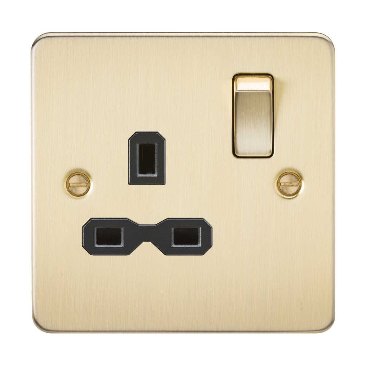 The 13A 1 Gang DP Switched Socket in brushed brass features an ultra-low-profile design with a double-pole switch and standard three-pin outlet. It has visible screws for easy installation and a sophisticated look, complemented by a black insert and flat plate.