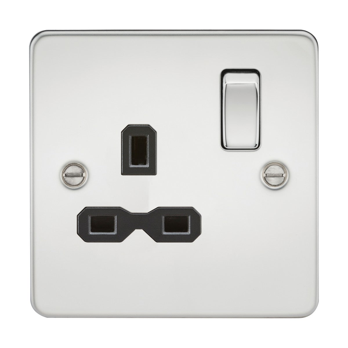 Introducing the 13A 1 Gang DP Switched Socket in Polished Chrome, featuring a single switch and three rectangular pin holes. This elegant flat plate design is complemented by a sleek stainless steel finish with two visible screws, offering a modern touch of sophistication. The socket includes a stylish black insert for added contrast.
