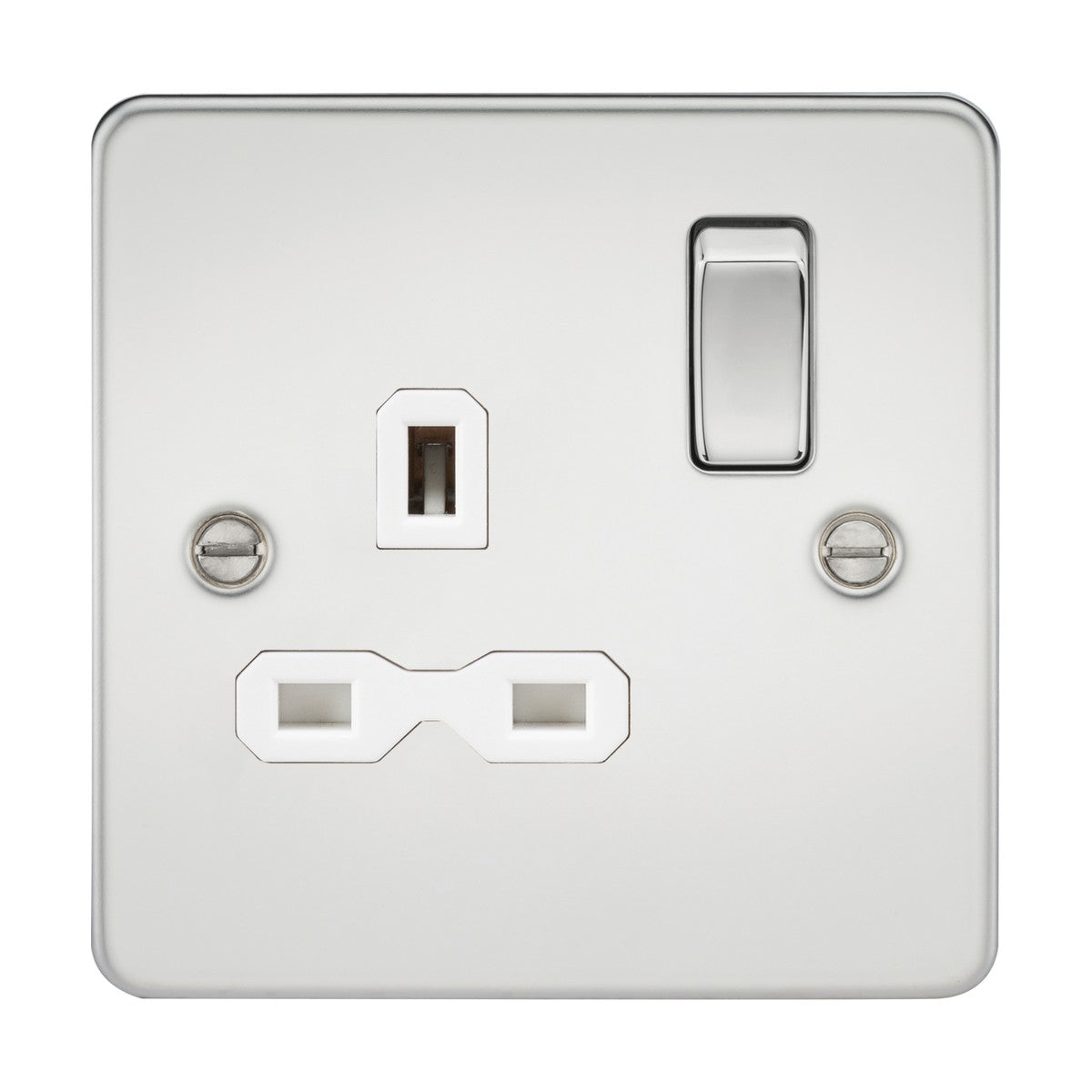 The Polished Chrome 13A 1 Gang DP Switched Socket with a white insert showcases an ultra-low profile design. It has three rectangular holes and two metal screws on either side, with the switch positioned in the upper right corner to accentuate its sleek look.