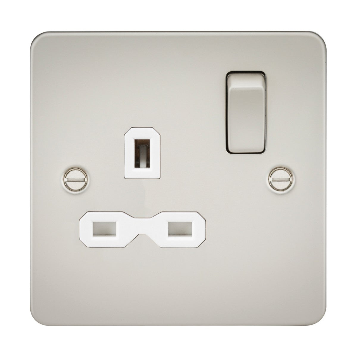 The 13A 1 Gang DP Switched Socket in Pearl features a white insert on a flat plate with an ultra-low profile, double pole switch, and two plug points. It includes visible screws on the sides for a neat and streamlined appearance.