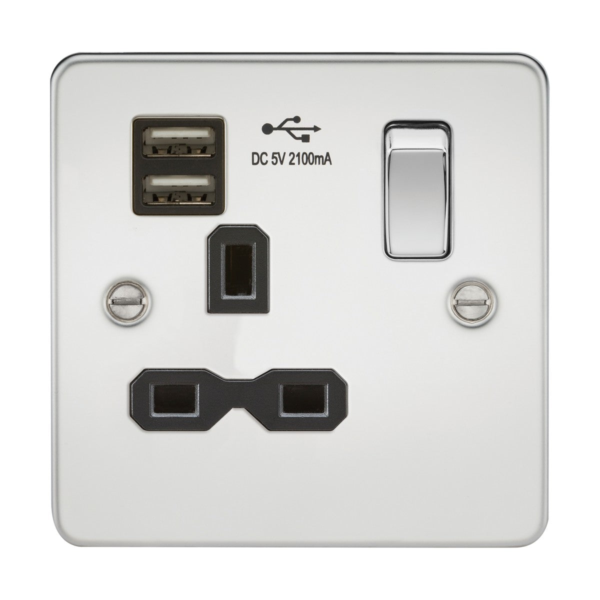 13A 1G SP Switched Socket with Dual USB A+A (5V DC 2.1A shared) - Polished Chrome with Black Insert