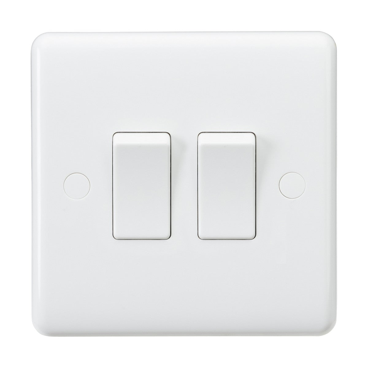 The 10AX 2 Gang 2-Way Switch - White (Rounded Edge) features high-quality construction with two rectangular toggles that are off. It has a smooth, glossy surface with anti-microbial properties and two small indentations on each side of the switch plate.