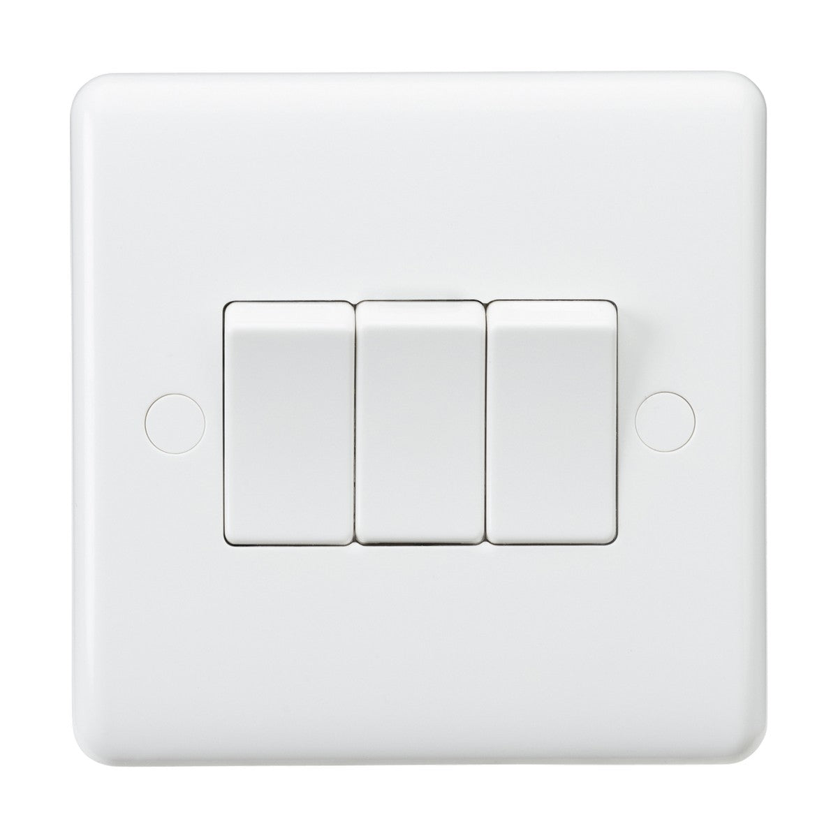 The 10AX 3 Gang 2-Way Switch in white features a clean, simple design with rounded edges, perfect for multi-location control with its three vertical rectangular switches.