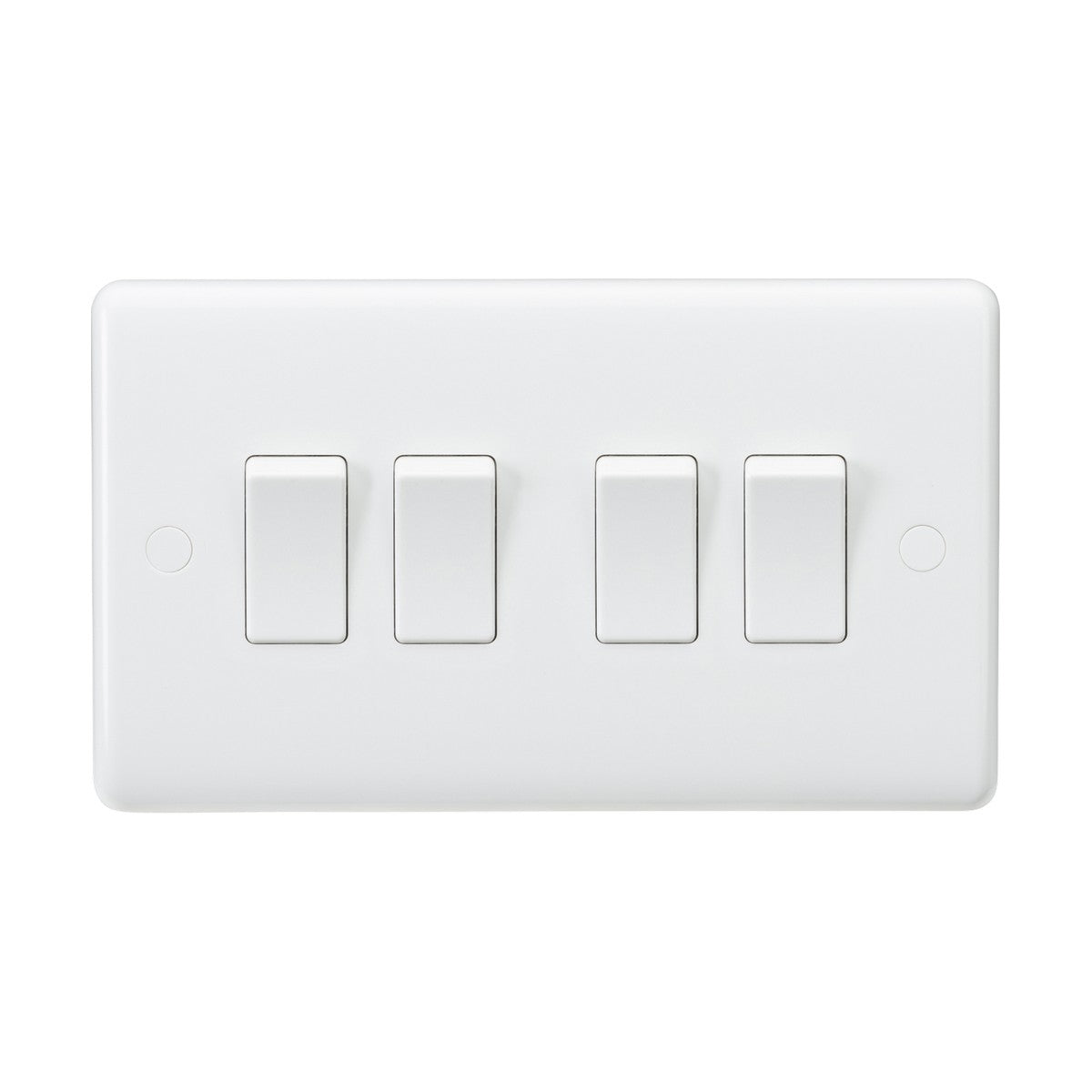 The Double Plate 10AX 4 Gang 2-Way Switch (Rounded Edge) is crafted from thermoset resin with antimicrobial properties. It features a white rectangular panel with four side-by-side switches, each in a neutral position against the pristine background.