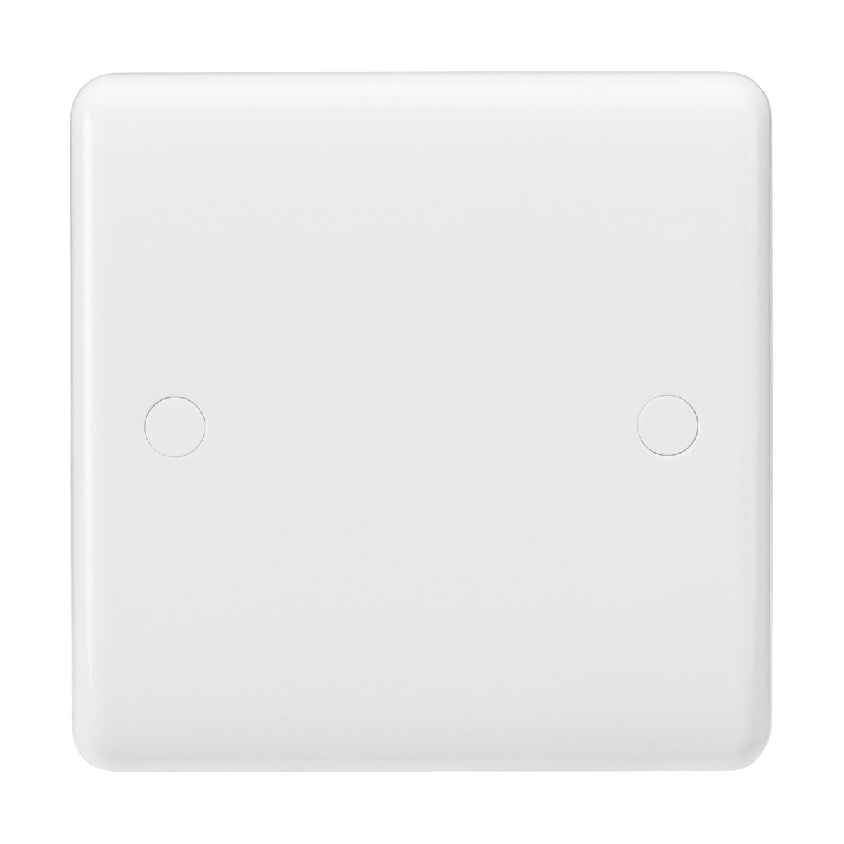 The 1 Gang Blanking Plate - Matte White (Rounded Edge) is crafted from thermoset resin with a smooth, minimalist design. It features two barely noticeable circular indentations for mounting screws and boasts anti-microbial properties for added safety.
