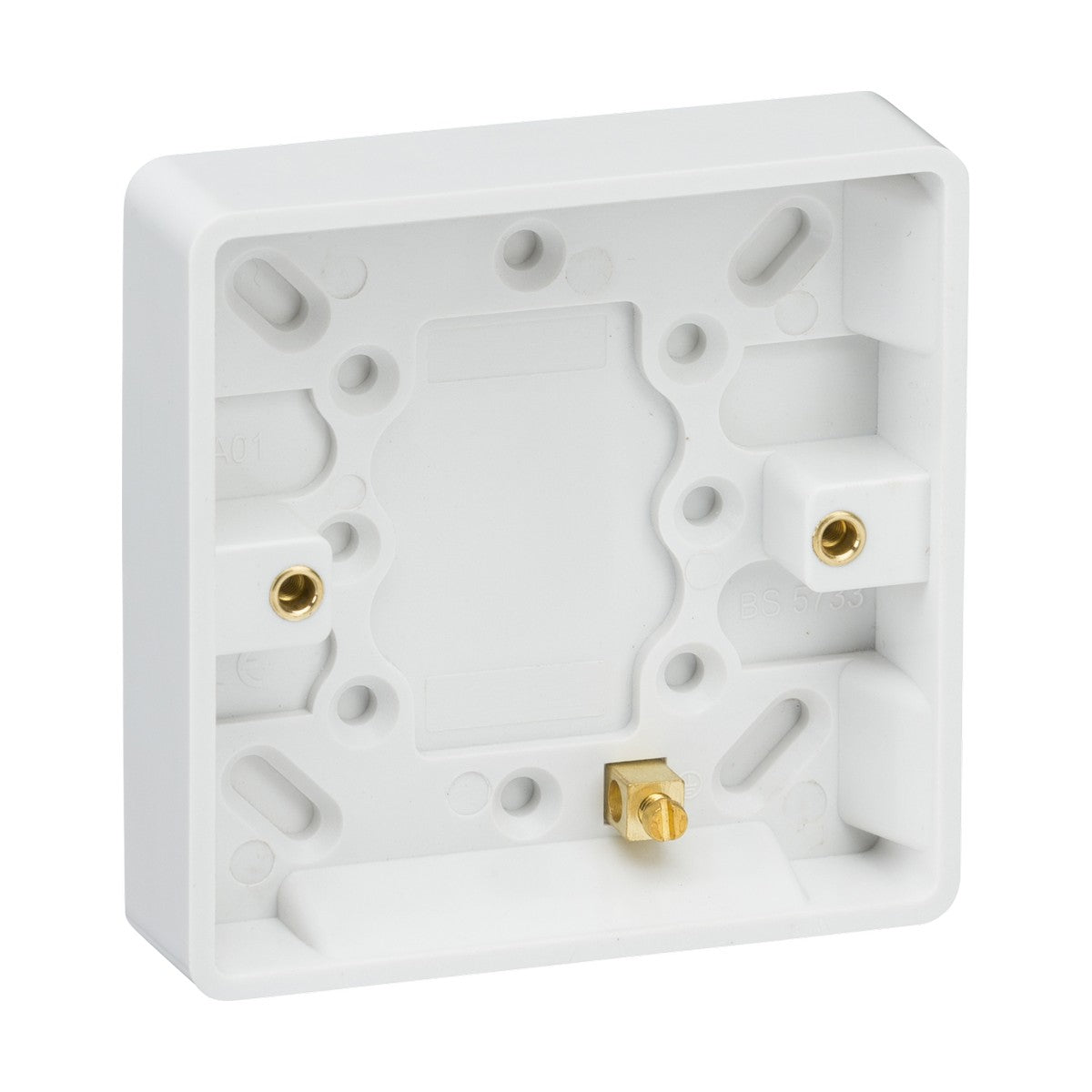 The Single 16mm Pattress Box With Earth Terminal (Rounded Edge), crafted from white plastic, incorporates the Knightsbridge Curved Edge design for a sleek installation, complete with fixing holes and brass earth terminals.