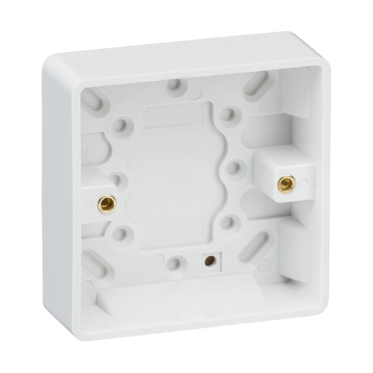 The Single 25mm Pattress Box (Rounded Edge) in white plastic includes multiple mounting holes and two brass terminals, making it ideal for surface mounting. Designed with precision, it has an open and empty rectangular shape with rounded edges, and complies with IP20 standards.
