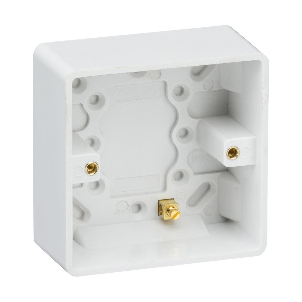 The Single 35mm Pattress Box With Earth Terminal (Rounded Edge) by Knightsbridge is made from thermoset resin and features a hollow interior, complete with mounting holes and brass connectors. This product, designed to house electrical fixtures, boasts anti-microbial properties and comes in a plain white finish.
