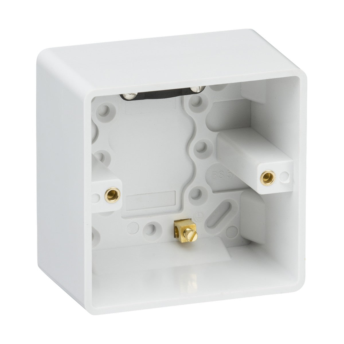 Image of a Single 47mm Pattress Box With Earth Terminal And Cable Strain Relief, crafted from thermoset resin. The rectangular box features mounting holes and a central cavity to accommodate wiring and sockets. Inside the box, two brass connectors are visible, offering enhanced functionality and durability.