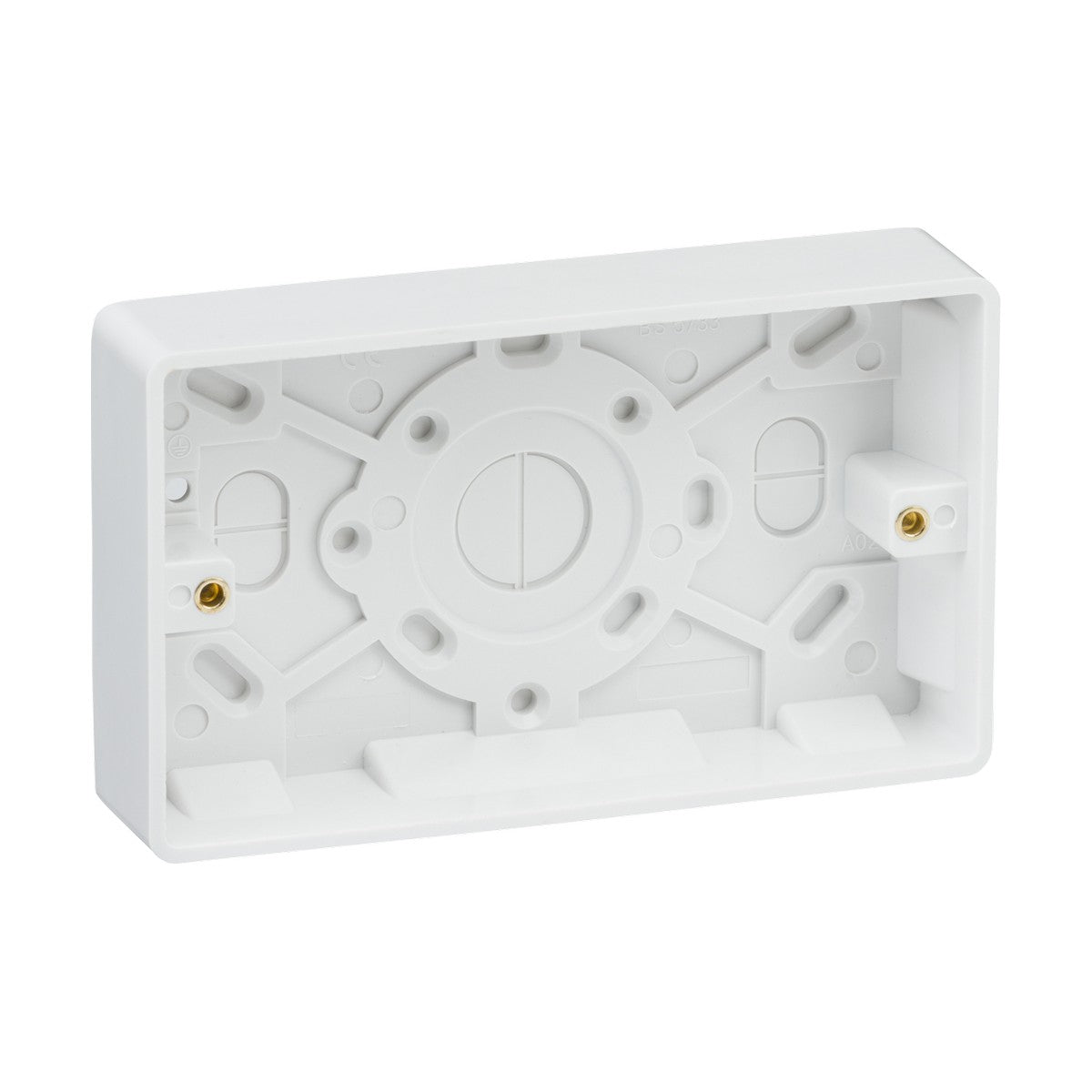 The Double 25mm Pattress Box (Rounded Edge) is a white rectangular mounting back box made of plastic, featuring multiple screw holes and cable entry points. It's perfect for installing electrical devices such as switches or sockets, and its minimalistic design pairs seamlessly with Knightsbridge Curved Edge wiring accessories, providing both functionality and sleek aesthetics.