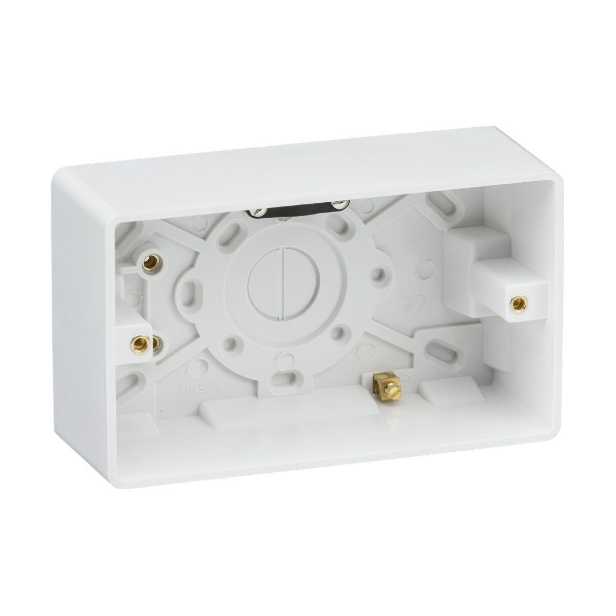 A Double 47mm Pattress Box with Earth Terminal and Cable Strain Relief, made from durable plastic, ensures secure housing for wiring connections. It features multiple entry points and mounting holes, with a rectangular shape, curved edge, and open side for easy installation.