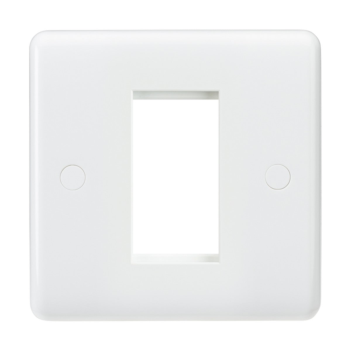 The 1 Gang Modular Faceplate is crafted from durable white thermoset resin and features a central rectangular opening, ideal for accommodating a light switch or outlet. Its smooth surface discreetly conceals two screw covers on either side, providing both functionality and style.
