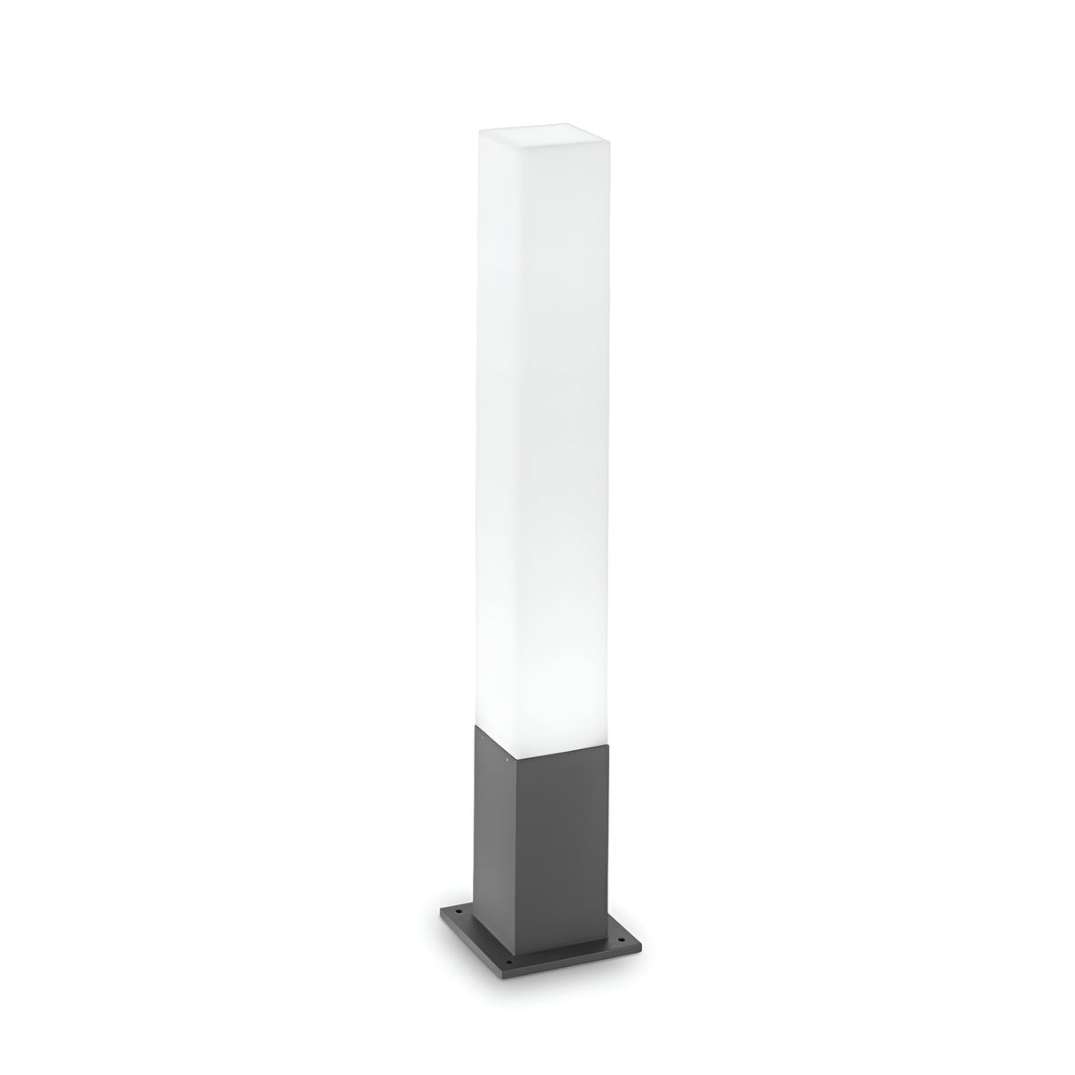The Lumira Square Outdoor Bollard Light in Anthracite/White showcases a tall rectangular white shade paired with a sleek, anthracite square base, expertly crafted from cast aluminum. This modern outdoor lighting solution is perfect for minimalist and contemporary spaces.