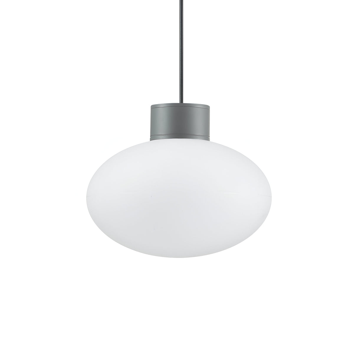 Introducing the Photonix 1 Light Pedant - Anthracite, showcasing a white, oval-shaped frosted glass shade paired with an anthracite finish base and suspended by a sleek black cord. This minimalist design seamlessly enhances modern interiors with its chic and contemporary vibe.