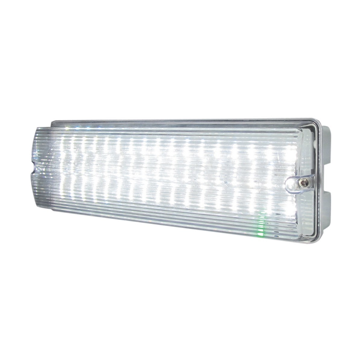 The Indoor & Outdoor 6W LED Emergency Bulkhead, suitable for both maintained and non-maintained use, features a rectangular design with a ribbed clear cover and multiple bright white LEDs. It is mounted on a gray base and is IP65-rated for wall installation, delivering dependable emergency lighting in any condition.