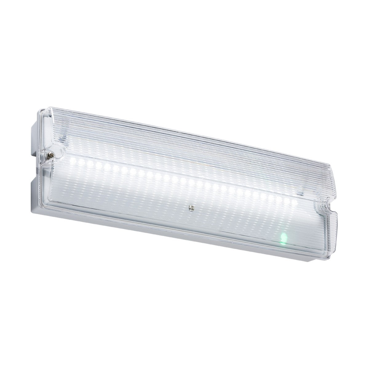 The Indoor & Outdoor 4W LED Emergency Bulkhead, usable in both maintained and non-maintained modes, features a rectangular design with a clear protective cover mounted against a white backdrop. Its durable polycarbonate construction ensures longevity, while providing bright, even illumination. A small green indicator light on one side emphasizes its reliable IP65 rating.