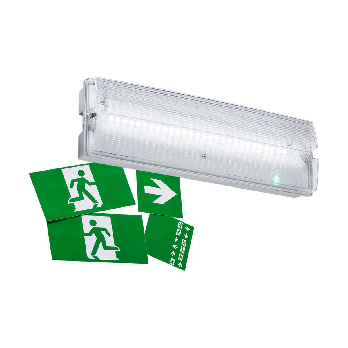 The Indoor & Outdoor 3W LED Emergency Bulkhead Maintained/Non-Maintained is presented, featuring polycarbonate construction and an IP65 rating. It includes a clear plastic casing with two green signs depicting a running figure and an arrow to guide safe evacuation.