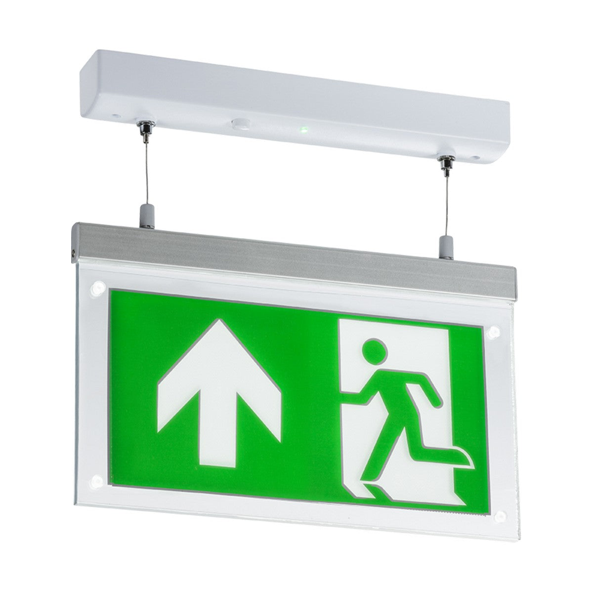 The Suspended Double-Sided LED Emergency Exit Sign includes a green background with an Arrow Up legend and a stick figure running through a door, designed for ceiling mounting to clearly indicate the nearest exit.