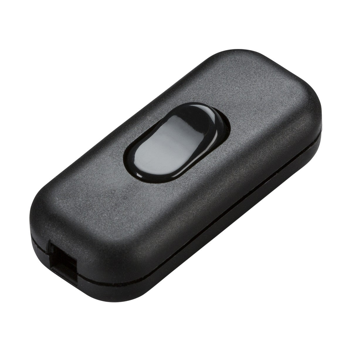 Introducing the 6A DP Inline Cord Switch - Black, a stylish black inline rocker switch featuring a smooth surface and an on/off toggle button centrally positioned. It's designed for 230V double pole applications with a rectangular shape that boasts rounded edges and a small indentation at one end for effortless wire entry, making it perfect for controlling low wattage lamps.