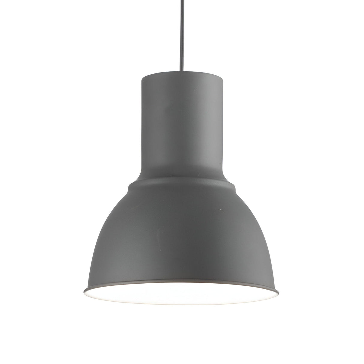 The Envision Small 1 Light Pendant in black features a minimalist design with a cylindrical top and bell-shaped shade, perfect for an industrial-chic look. It hangs elegantly from the ceiling by a single black cord against a white backdrop, offering a modern lighting solution.
