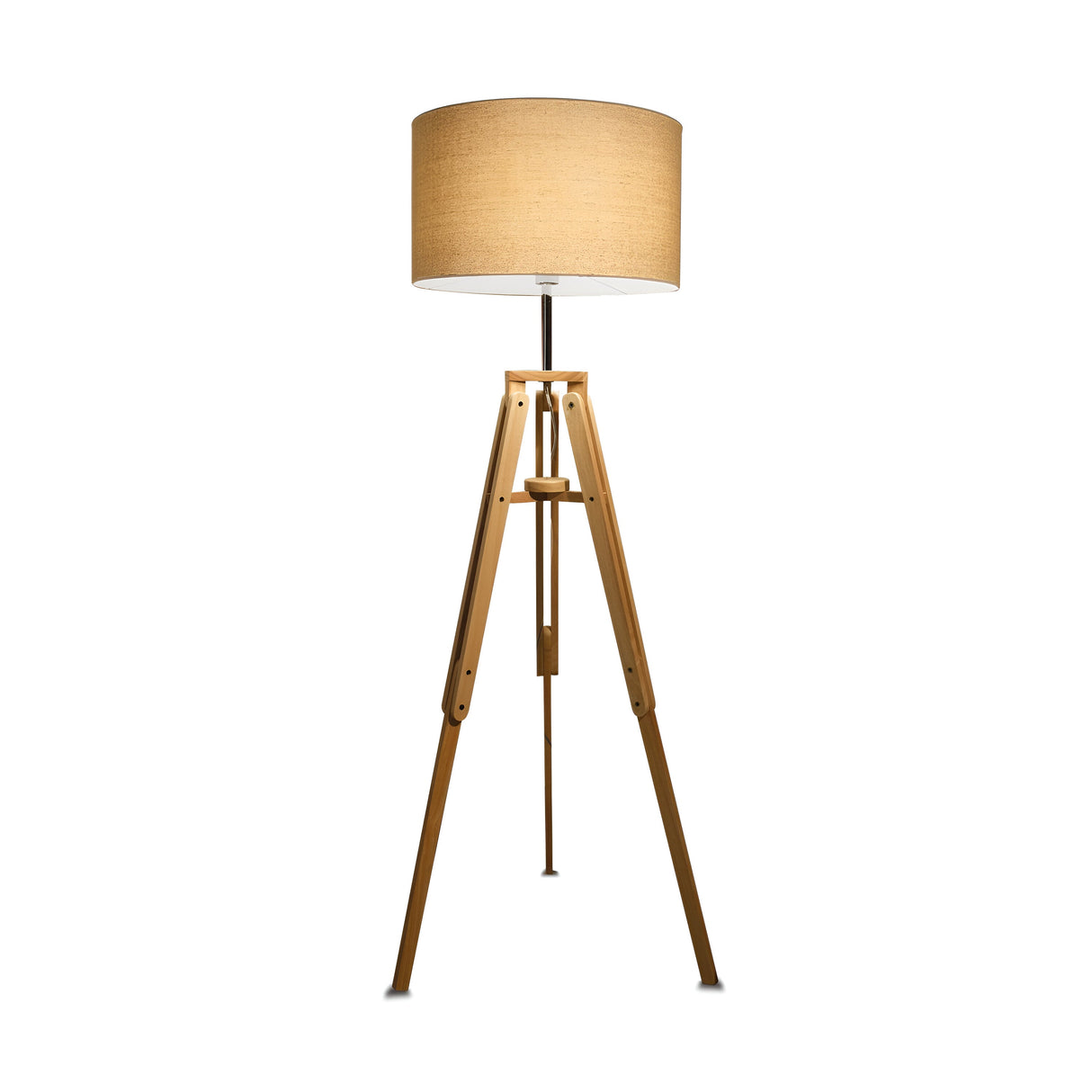 The Gaia Wood Floor Lamp - Light Brown showcases a natural wood tripod base paired with a beige cylindrical fabric shade, offering rustic charm.