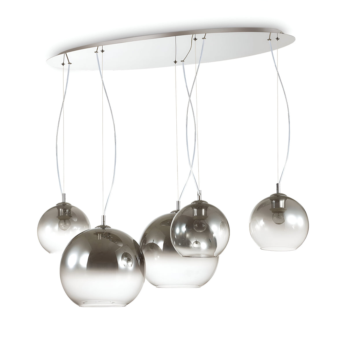 The Emberlyte 5 Light Cluster Pendant in Chrome showcases a contemporary design with five spherical glass pendants in metallic shades, each suspended at different lengths from a sleek white oval base, and features dimmable functionality.
